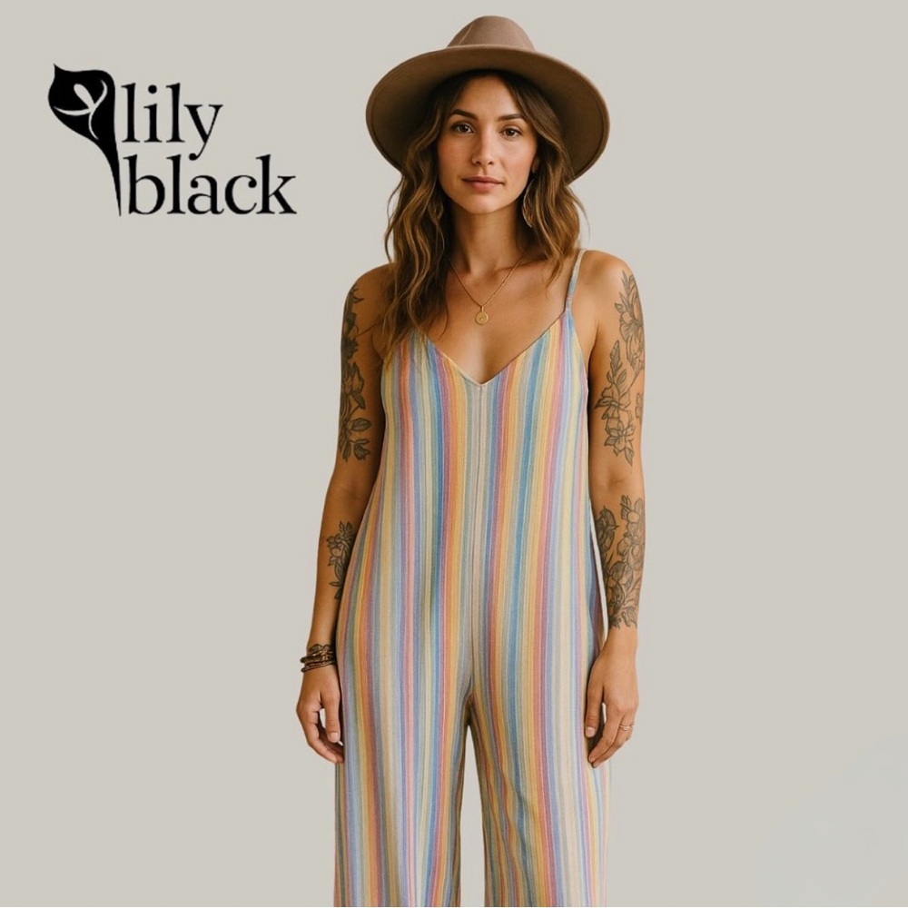 Lily Black Rainbow Multicolor Linen Blend Stripe Cropped Jumpsuit Romper Large